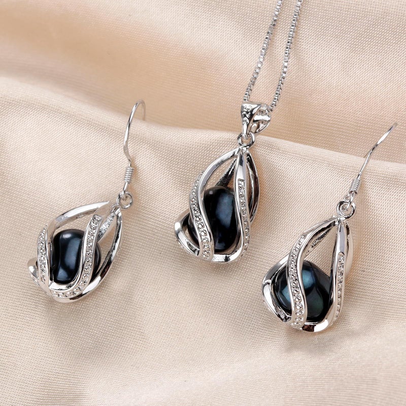 HENGSHENG Natural Pearl Jewelry Set For Women 925 Sterling Silver Necklace Pearl Pendant & Pearl Earrings Freshwater Pearl Drop Jewelry Set for Wedding Prom Gift - Black Pearls - Image 2