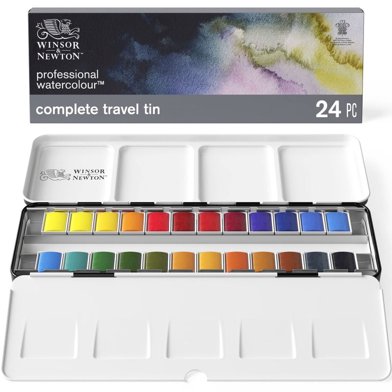 Winsor Newton Winsor & Newton Professional Watercolor Paint Set, Lightweight Metal Box, 24 Half Pan - Image 1