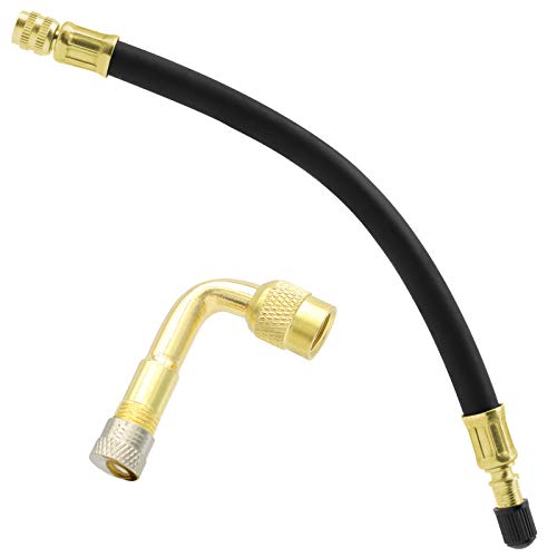 ZHSMS Tire Valve Extension, 8.25 Inch Flexible Valve Stem Extenders with 90 Degree Brass Schrader Tire Valve Extension Adaptor Compatible for Cars Truck Motorcycle Bike Scooter - Image 1