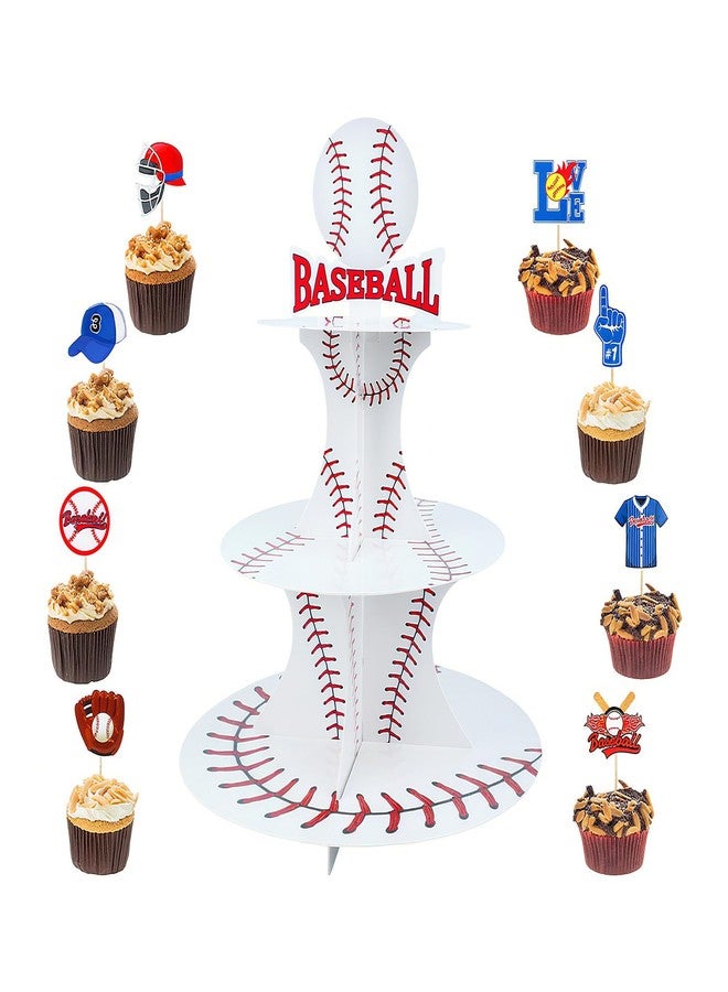 Pinsit 3 Tier Baseball Cupcake Stand with 24pcs Cupcake Toppers Baseball Theme Party Decor Birthday Cupcake Dessert Holder for Baby Shower Baseball Party Favors Sports Ball Themed - Image 1