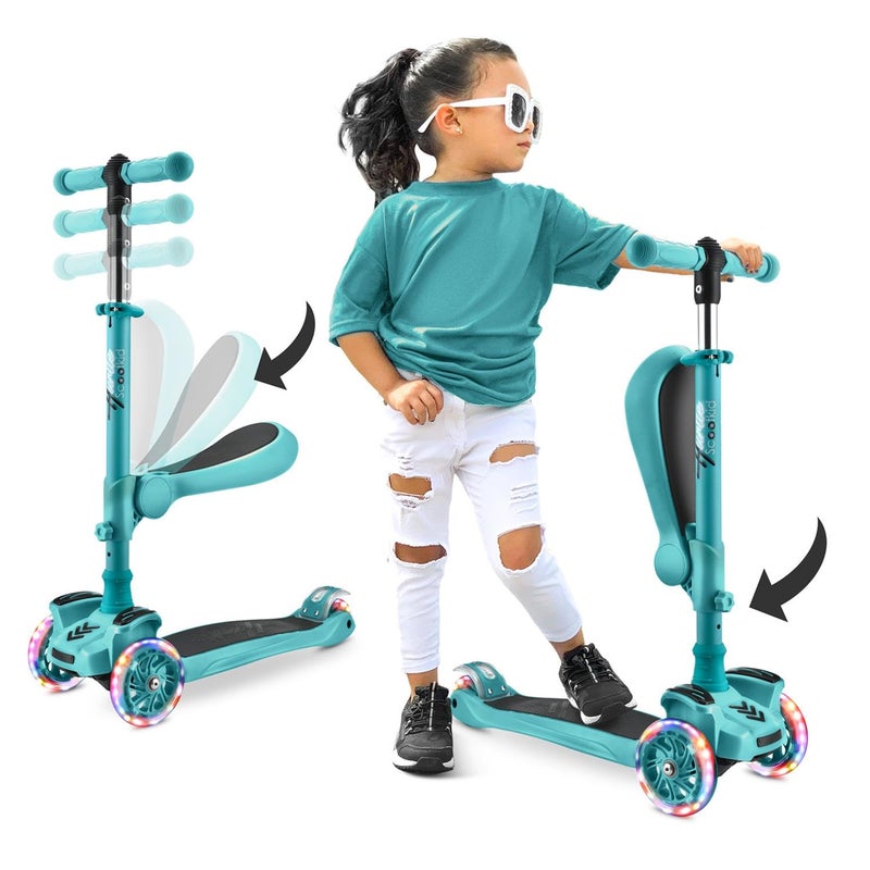 Hurtle Kids Scooter - Child Toddler Kick Scooter Toy with Foldable Seat - 3 Wheel Scooter with Adjustable Height, Anti-Slip Deck, Flashing Wheel Lights, for Boys/Girls 1-12 Year Old, Teal - Image 1