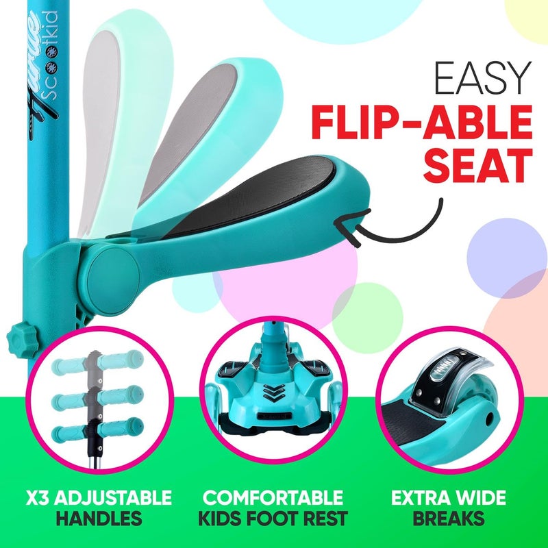 Hurtle Kids Scooter - Child Toddler Kick Scooter Toy with Foldable Seat - 3 Wheel Scooter with Adjustable Height, Anti-Slip Deck, Flashing Wheel Lights, for Boys/Girls 1-12 Year Old, Teal - Image 5