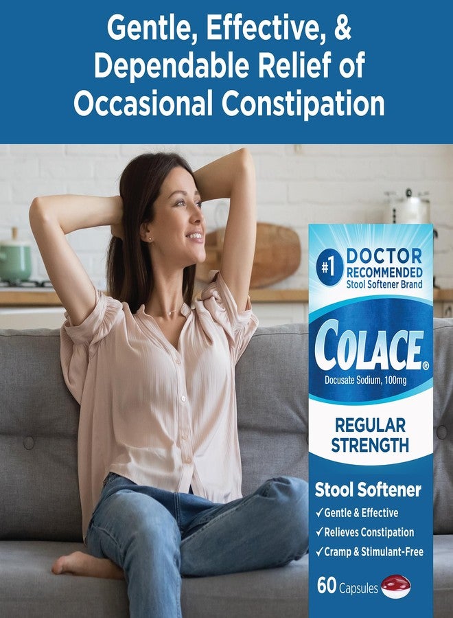 Colace كولاس، مُليّن براز بتركيز عادي، 100 ملغ، 60 كبسولة، مُليّن براز يحتوي على دوكوسات الصوديوم لتخفيف لطيف وموثوق. - Image 3