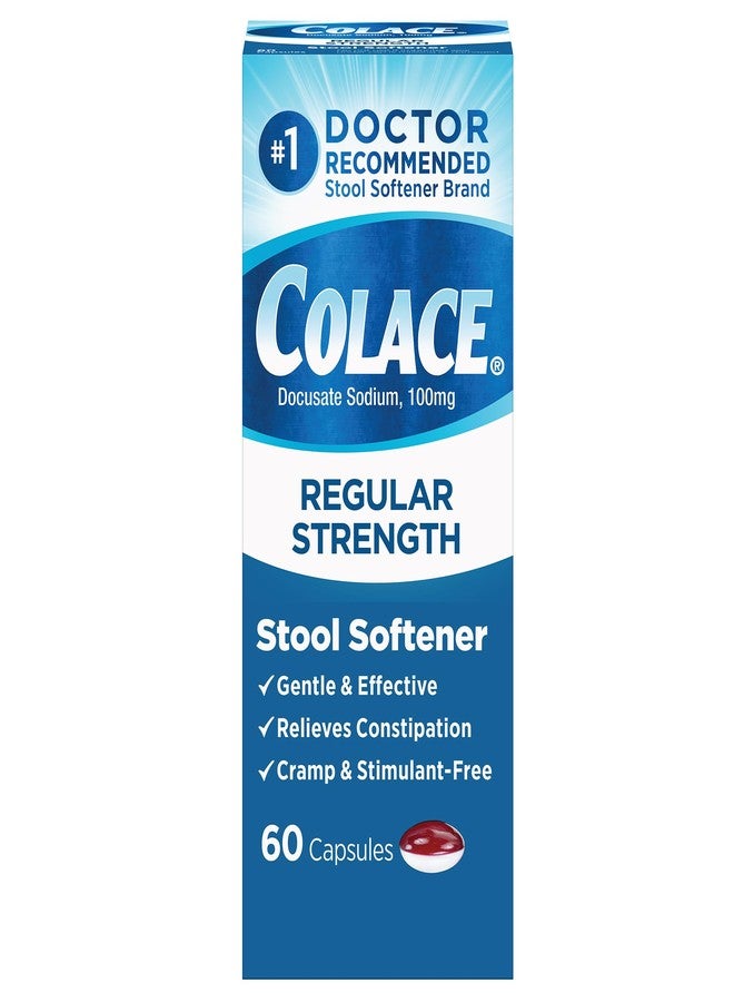 Colace كولاس، مُليّن براز بتركيز عادي، 100 ملغ، 60 كبسولة، مُليّن براز يحتوي على دوكوسات الصوديوم لتخفيف لطيف وموثوق. - Image 1