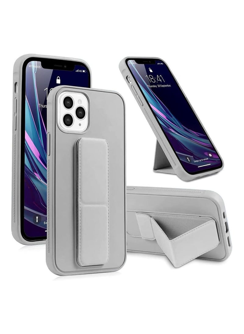 جراب جلدي مع قبضة لهاتف iPhone 14 Pro Max، غطاء مغناطيسي وحامل وحامل للسيارة، حامل عمودي وأفقي، بدون استخدام اليدين، لهاتف iPhone 14 Pro Max (رمادي) - Image 1