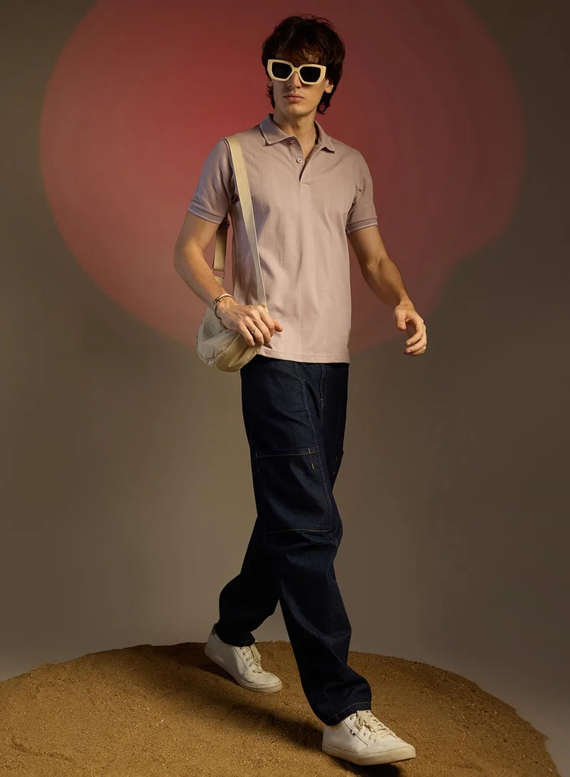 Campus Sutra  Men's Blush Pink Lined-Knit Polo T-Shirt for Men | Best Price UAE