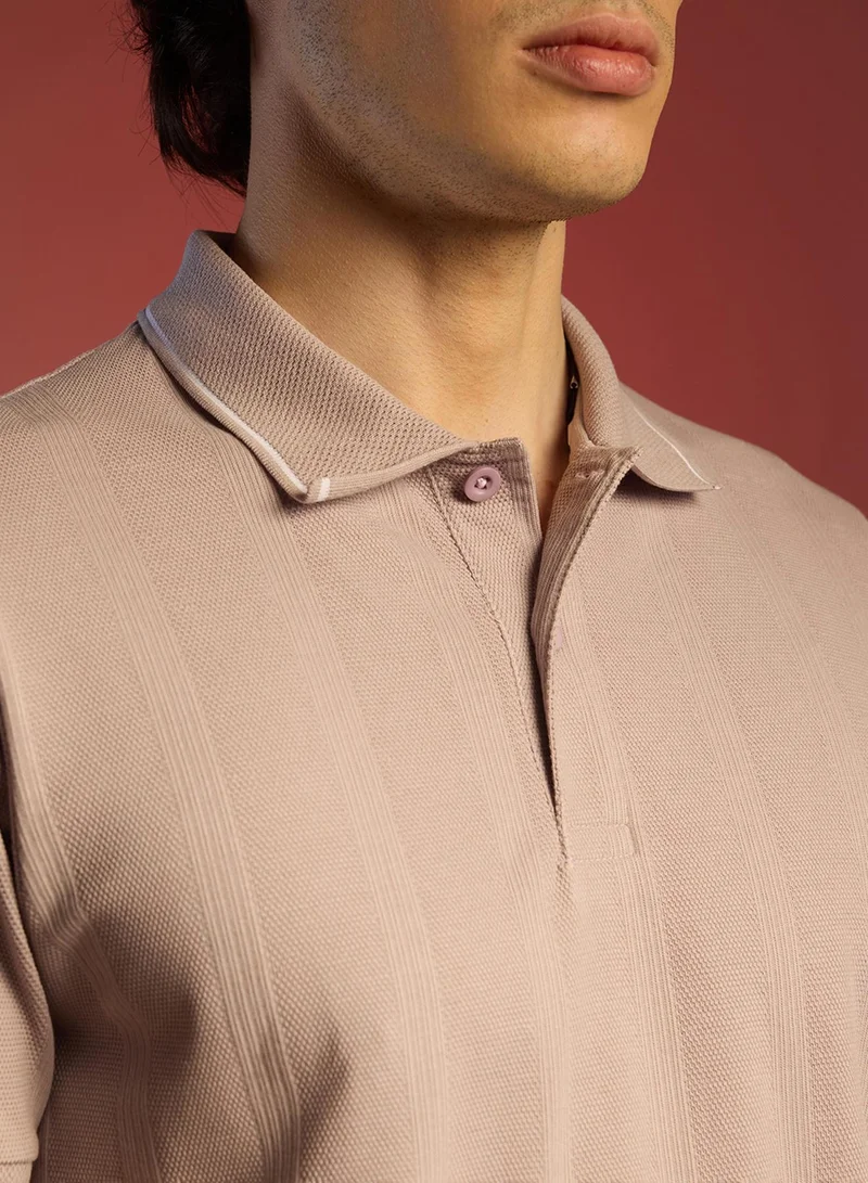 Campus Sutra  Men's Blush Pink Lined-Knit Polo T-Shirt for Men | Best Price UAE