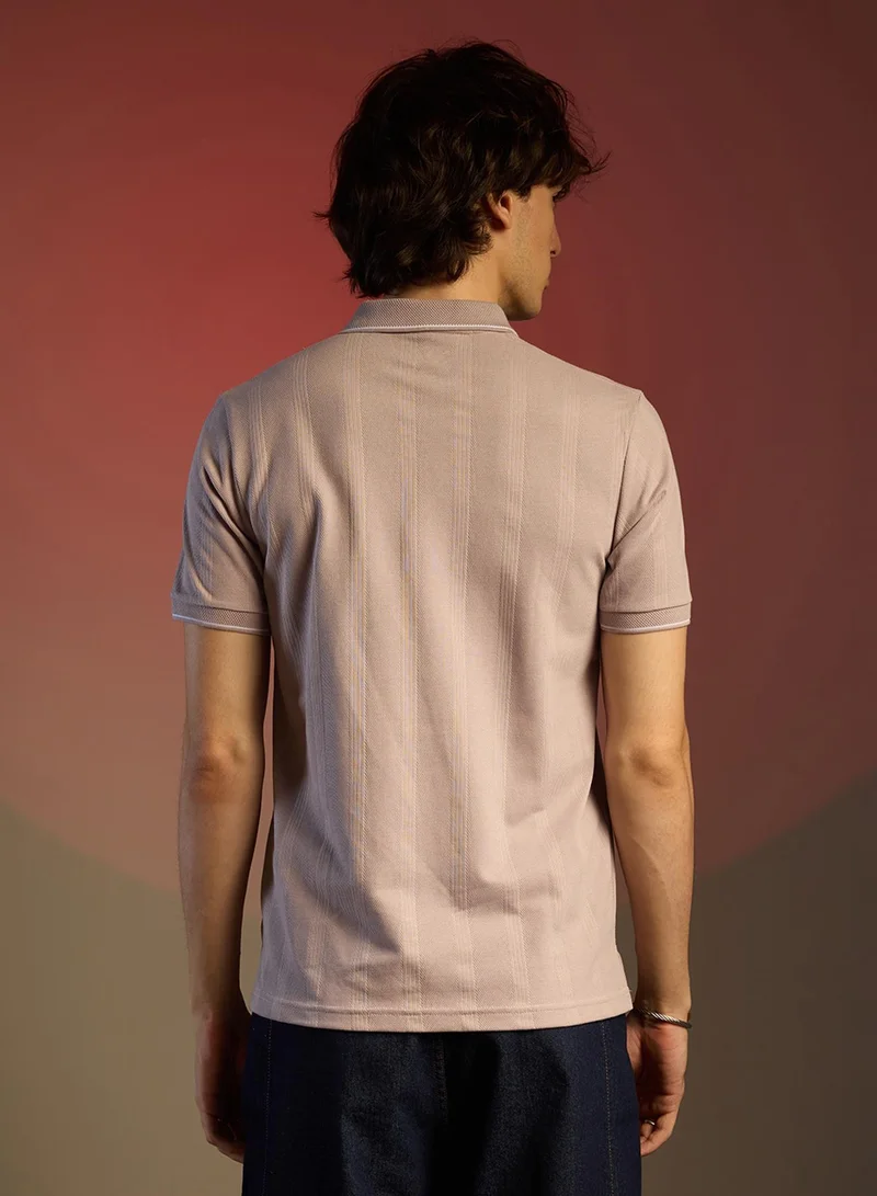 Campus Sutra  Men's Blush Pink Lined-Knit Polo T-Shirt for Men | Best Price UAE