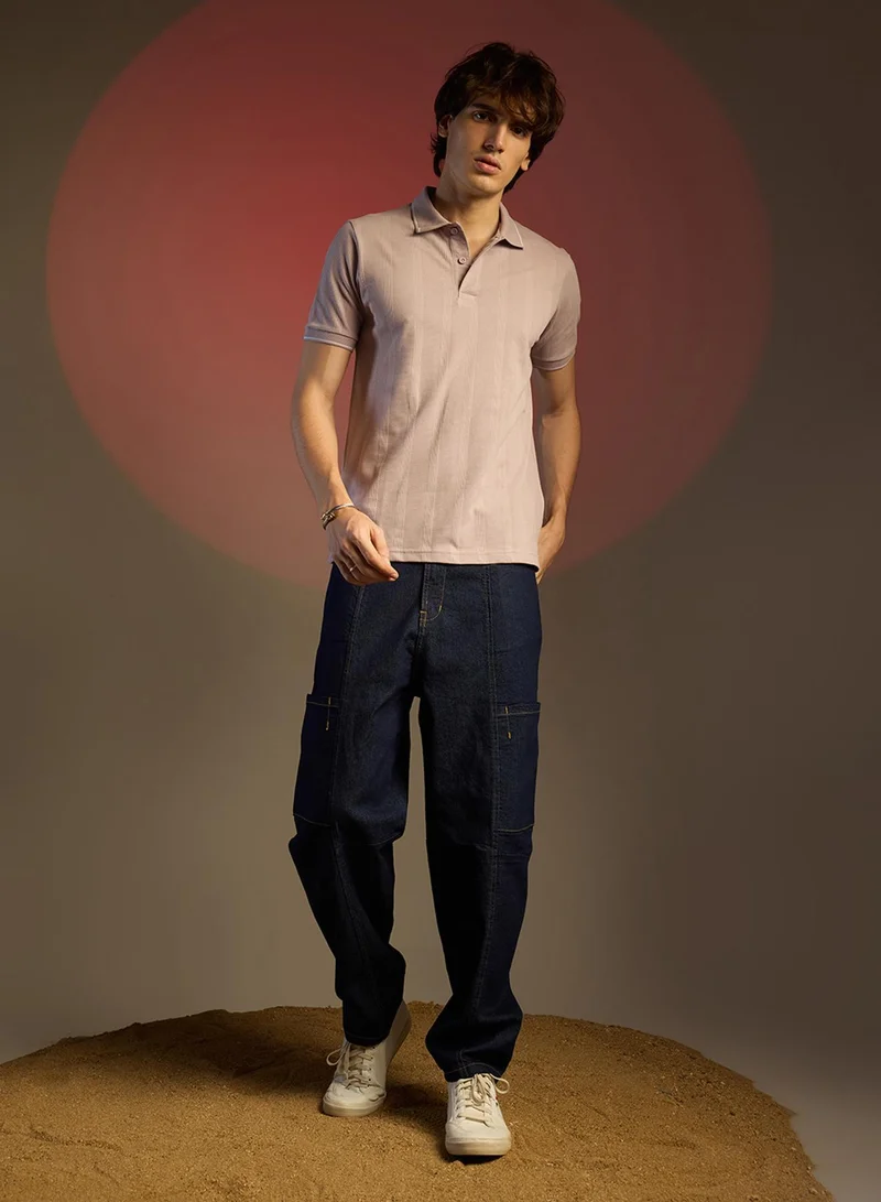 Campus Sutra  Men's Blush Pink Lined-Knit Polo T-Shirt for Men | Best Price UAE