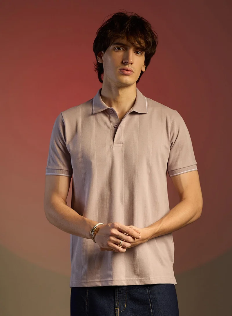 Campus Sutra  Men's Blush Pink Lined-Knit Polo T-Shirt for Men | Best Price UAE