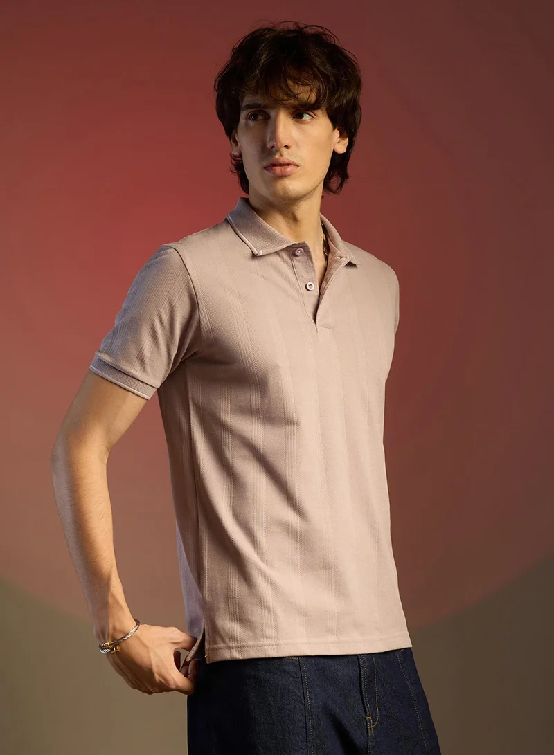 Campus Sutra  Men's Blush Pink Lined-Knit Polo T-Shirt for Men | Best Price UAE