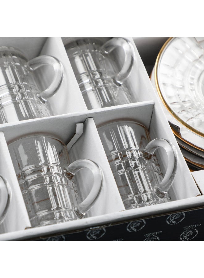 Soleter British Style Glass Tea Coffee Cups and Saucers Set 6 Pairs 4oz Transparent with Gold Rim - Image 2