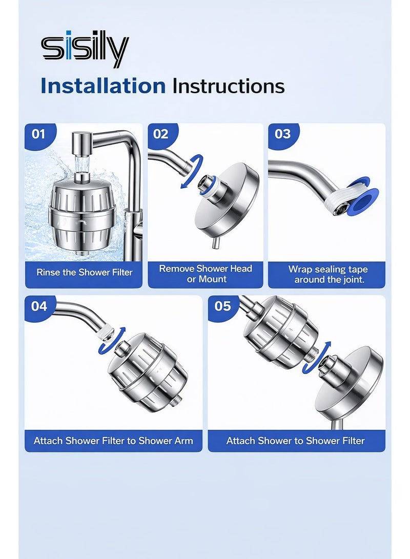 سيسلي فلتر دش من 30 مرحلة لرأس الدش ذي الماء العسر، يقلل من الكلور والفلورايد والرواسب والمعادن الثقيلة، مطلي بالكروم المصقول، مناسب للاستخدام العالمي - Image 3