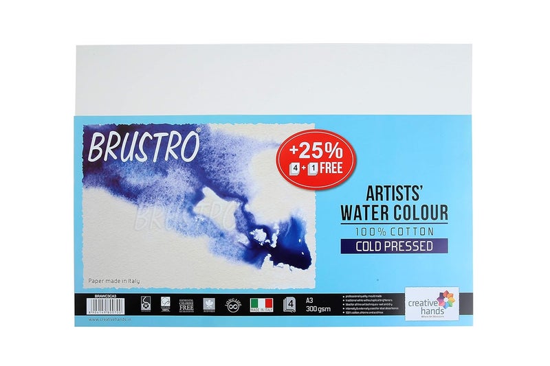 BRUSTRO ورق مائي للفنانين 100% قطن، 300 جرام لكل متر مربع، مضغوط بارد، حجم A3 (عبوة من 4 + 1 ورقة) - Image 1