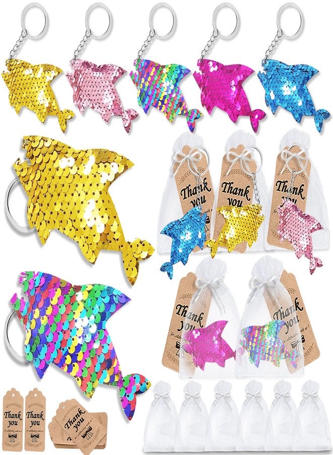 CiciBear 60 Pack Double-Deck Shark Sequin Keychain Set with 20 Shark Keychains, 20 Thank You Tags and 20 Gift Bags for Ocean Animal Party Favor, Kids and Adult Birthday, Baby Shower, 5 Colors - Image 1