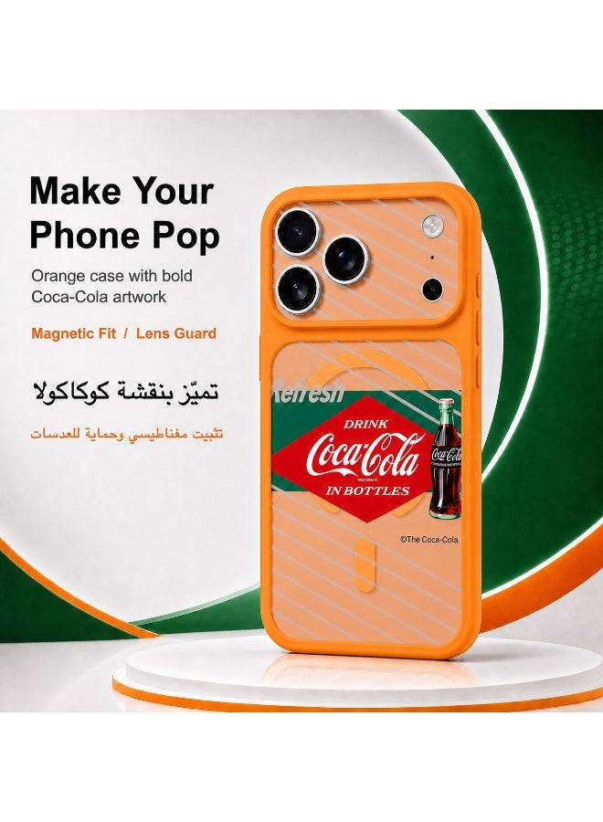 Coca-Cola iPhone 17 Pro Magnetic Phone Case, Slim Protective Cover with Retro Bottle Artwork, Raised Camera Protection, Smooth Matte Finish, Orange - Image 1