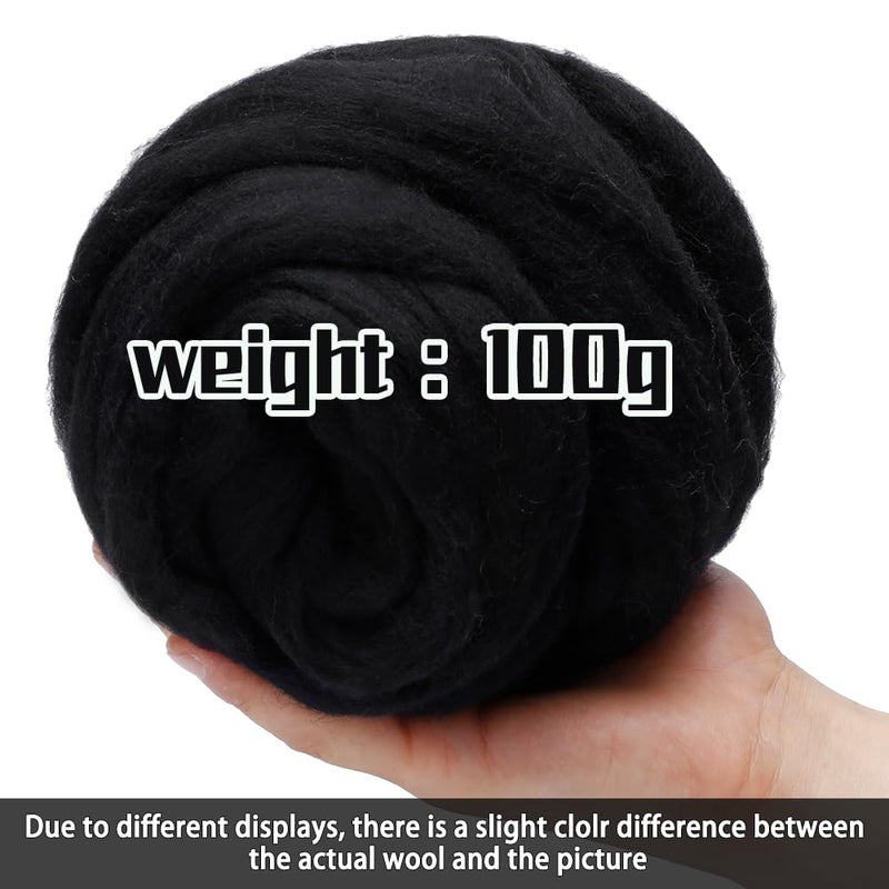 JUPEAN 3.53oz Wool Roving, Wool Felting Supplies, Pure Wools, Chunky Yarn, Spinning Wool Roving for Needle Felting Wet Felting DIY Hand Spinning (Black) - Image 2
