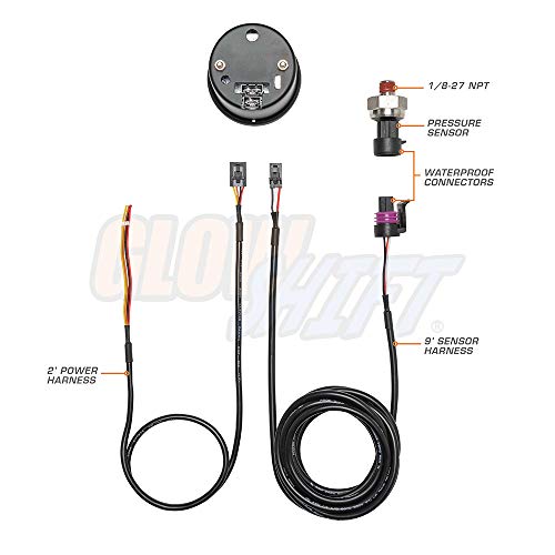 GLOWSHIFT مجموعة مقياس ضغط الزيت الرقمي GlowShift 10 لون 145 PSI - تشمل مستشعر إلكتروني 1/8-27 NPT والأسلاك - شاشة LED متعددة الألوان - عدسة ملونة - للسيارة والشاحنة - 2-1/16" (52mm) - Image 2