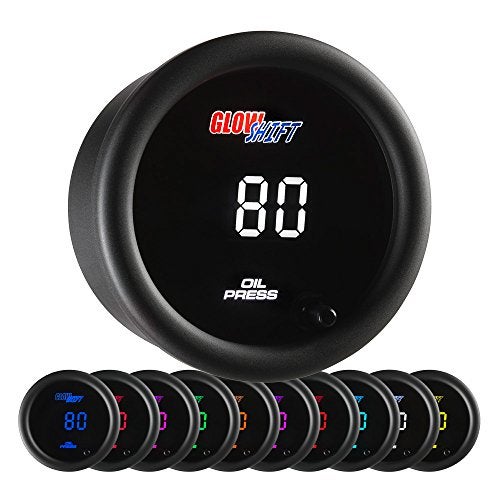 GLOWSHIFT مجموعة مقياس ضغط الزيت الرقمي GlowShift 10 لون 145 PSI - تشمل مستشعر إلكتروني 1/8-27 NPT والأسلاك - شاشة LED متعددة الألوان - عدسة ملونة - للسيارة والشاحنة - 2-1/16" (52mm) - Image 1