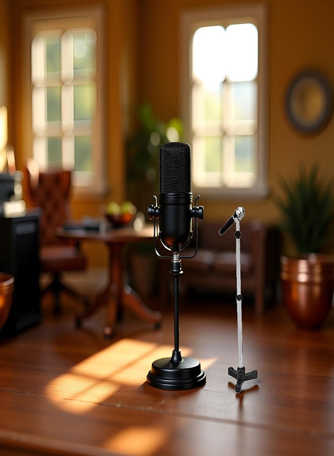 Tnyvm Black Dollhouse Decoration Accessories, 1:12 Dollhouse Miniature Scene Model Microphone with Stand Play Toy, Decortion, Dollhouse Furniture, Doll's Microphone (90 x 18 mm) - Image 2