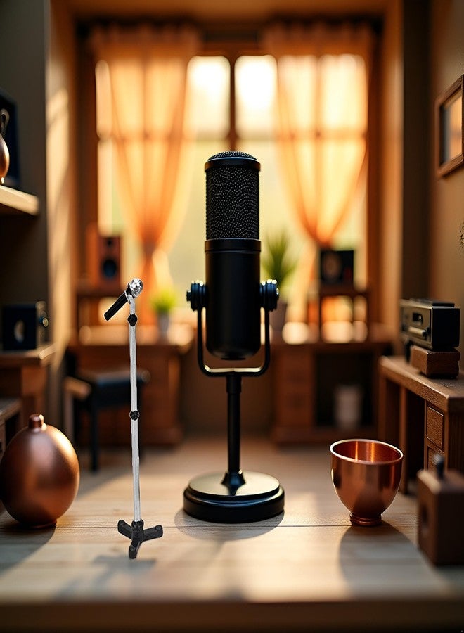 Tnyvm Black Dollhouse Decoration Accessories, 1:12 Dollhouse Miniature Scene Model Microphone with Stand Play Toy, Decortion, Dollhouse Furniture, Doll's Microphone (90 x 18 mm) - Image 3