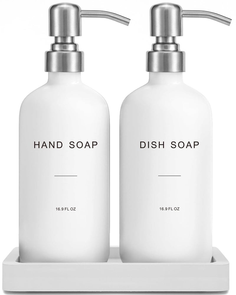 Prus Waso White Soap Dispenser for Kitchen Sink, Dish and Hand Soap Dispenser with Silver Stainless Steel Pump, Perfect for Kitchen Decor and Accessories. (Silver & White) - Image 1