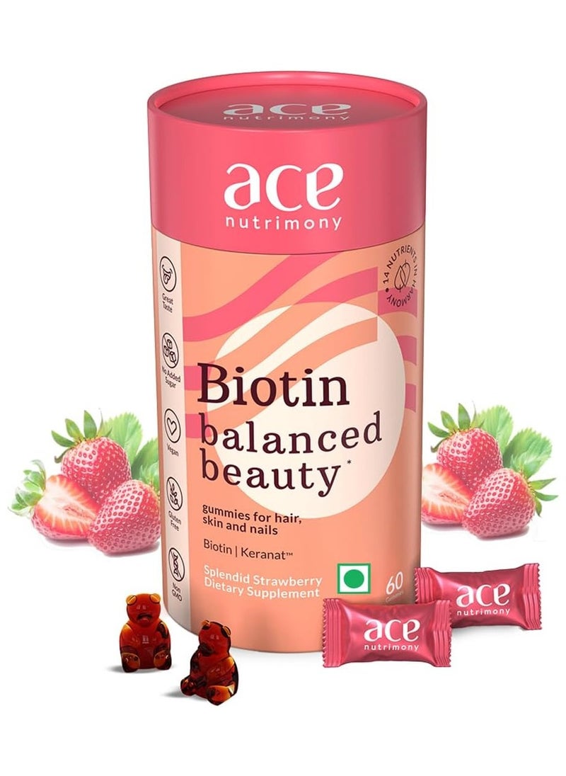 Ace Nutrimony Biotin Gummies For Hair Skin And Nails With Clinically Proven Ingredient Keranat, Supplement for Hair Growth & Hair Fall Control - 60 Gummy Bear  - Image 1