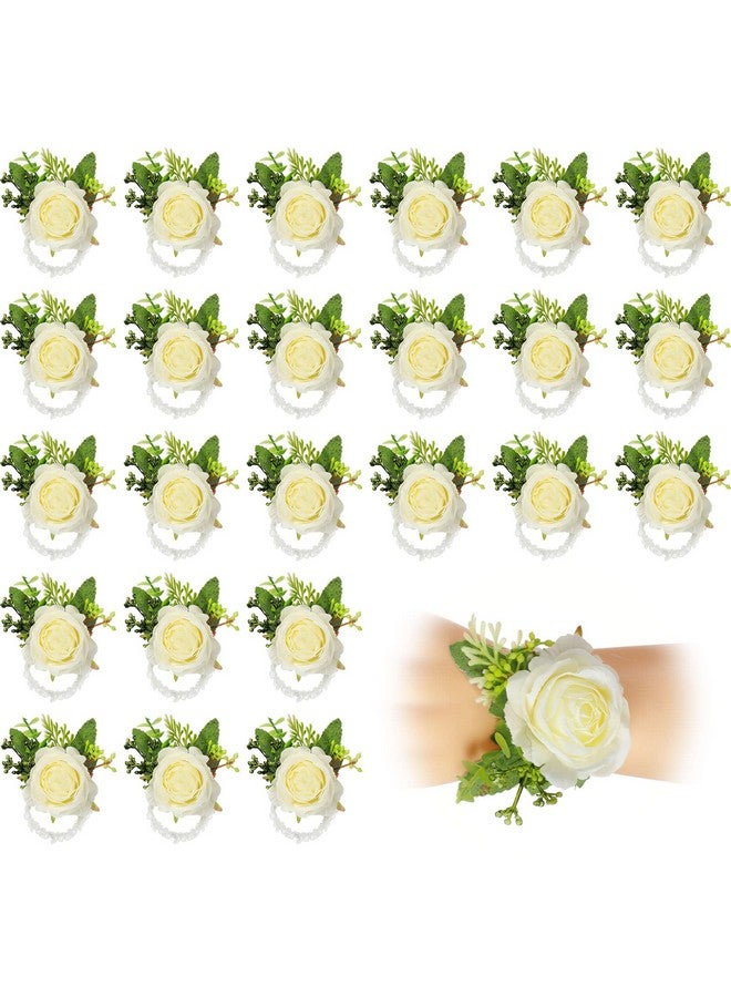 Sherr 24 Pcs Wedding Rose Wrist Corsage Wristlet Band For Bridal Bridesmaid Women Flowers Bracelets Decor Wedding Artificial Flowers For Party Prom Wedding Homecoming(White)  - Image 1