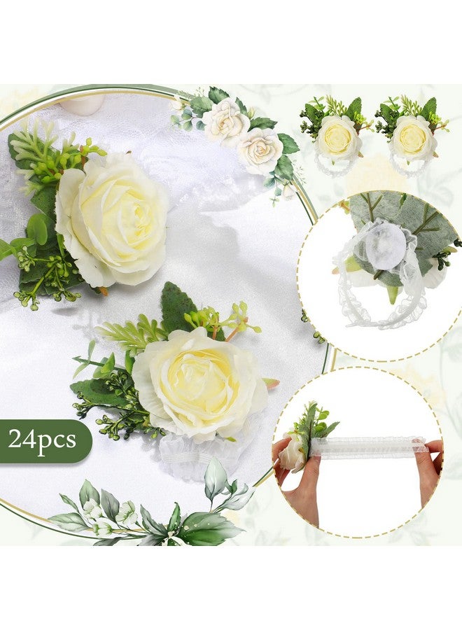 Sherr 24 Pcs Wedding Rose Wrist Corsage Wristlet Band For Bridal Bridesmaid Women Flowers Bracelets Decor Wedding Artificial Flowers For Party Prom Wedding Homecoming(White)  - Image 3