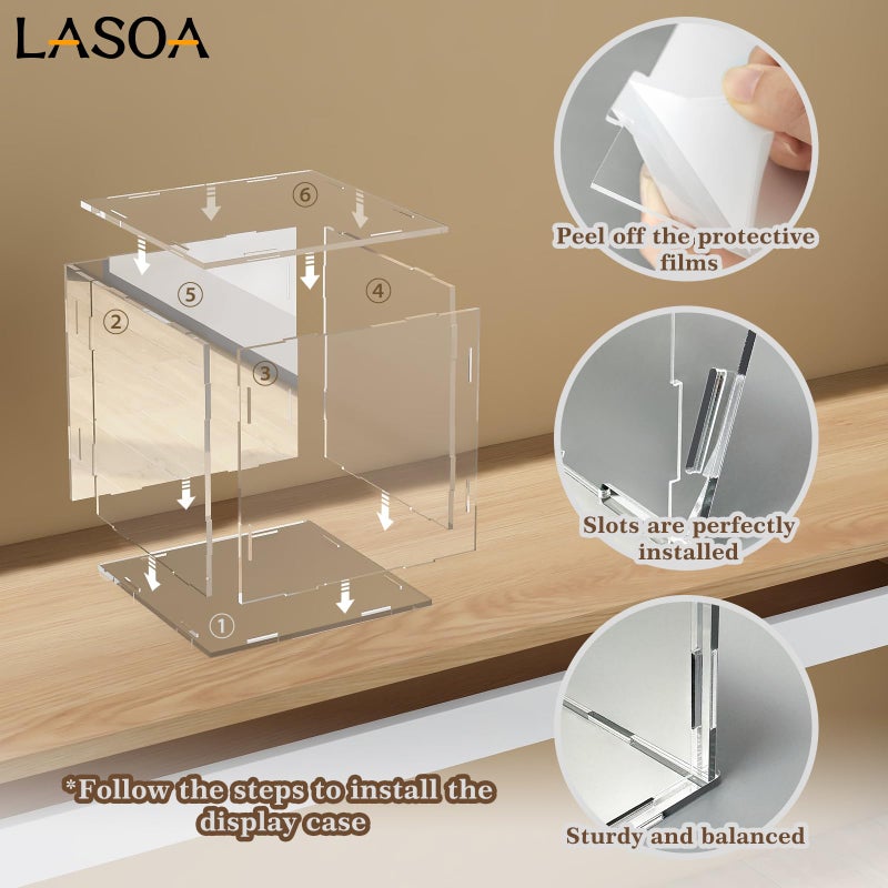 LASOA Acrylic Display Case for Collectibles â€“ Clear Display Box with Mirrored Back and Base, Self-Assembly Showcase for Figurines, Models, and Memorabilia, 14x14x14inch - Image 4