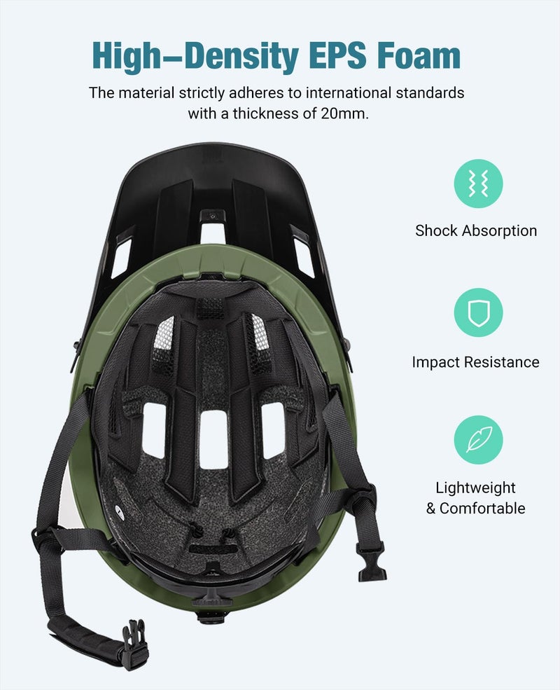 Favoto Adult Mountain Bike Helmet for Men & Women, Magnetic Buckle MTB Helmet with Removable Visor, Lightweight for Commuting & Off-Road Cycling, Dark Green - Image 3