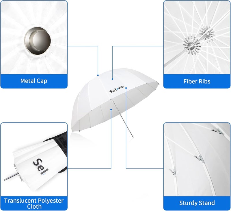 Selens 65 Inch Photography Studio Translucent Parabolic Lighting Reflective Umbrella Diffuser with Fiberglass Rib, 23 Inch Depth Soft White - Image 4
