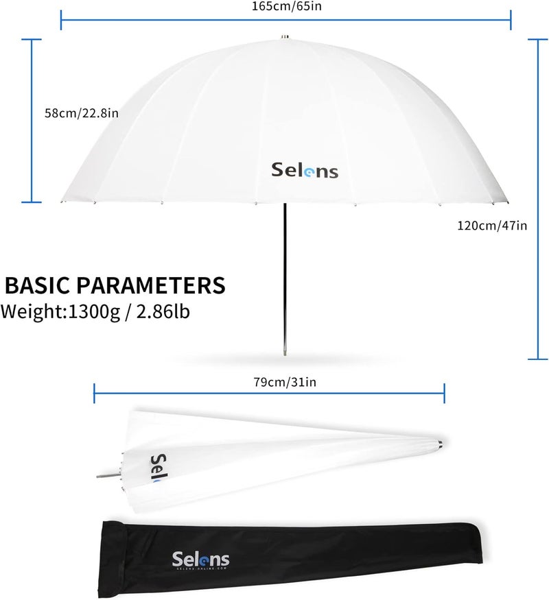 Selens 65 Inch Photography Studio Translucent Parabolic Lighting Reflective Umbrella Diffuser with Fiberglass Rib, 23 Inch Depth Soft White - Image 5