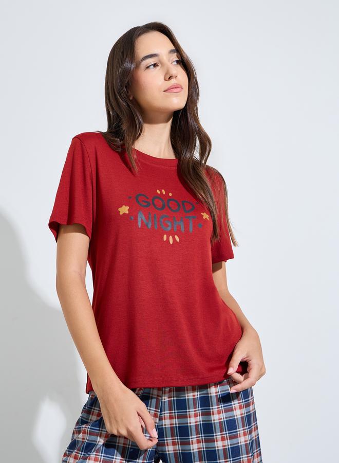 Styli Red Slogan T-Shirt and Checked Pyjama Set - Image 3