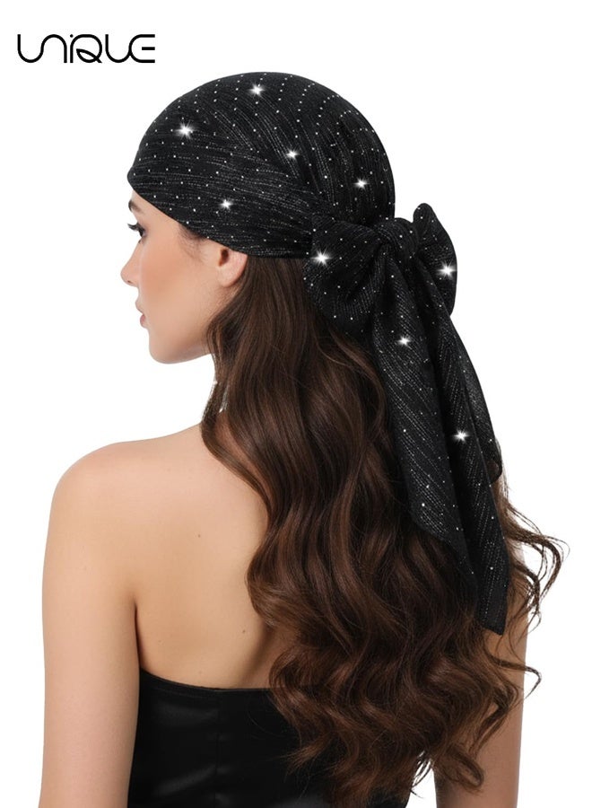 Fashion Head Scarf for Women Hair - 31.5 Inch Square Bandana with Sparkling Rhinestones - Black Hair Scarf - Suitable for Daily Wear, Various Occasions, any Holiday, the Perfect Gift