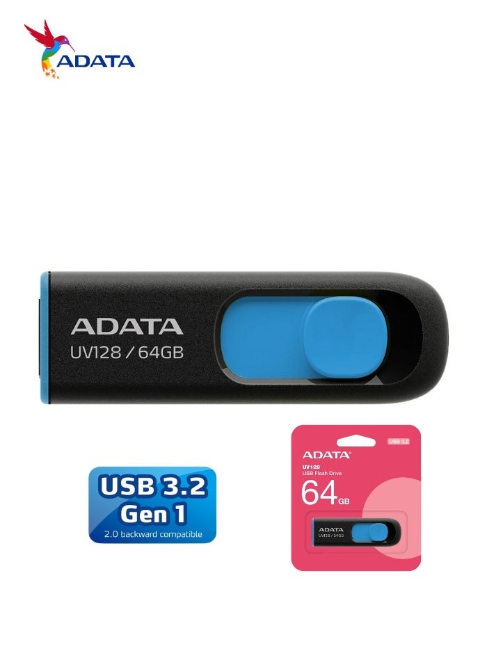 ADATA UV128 64GB USB 3.2 Flash Drive | Lightweight Capless | Fast Data Transfer | Blue  - Image 1