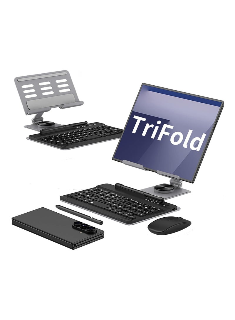 Foldable stand compatible with Galaxy Z TriFold 5G Bluetooth keyboard dock, desktop rotating stand, and desktop, equipped with Bluetooth mouse and capacitive stylus.