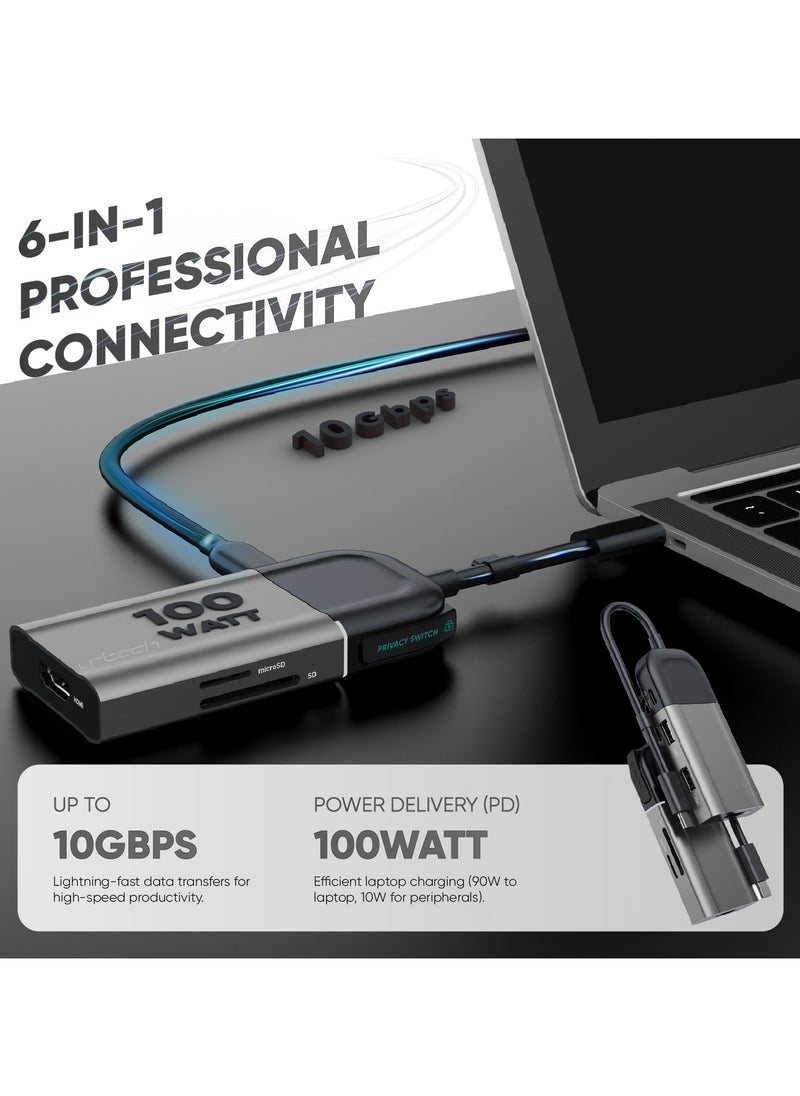 urtech - URTECH 6-in-1 USB-C Hub | Privacy Screen Protection | 4K HDMI | SD Card Reader | 100W PD | Premium Aluminum Design - Image 1