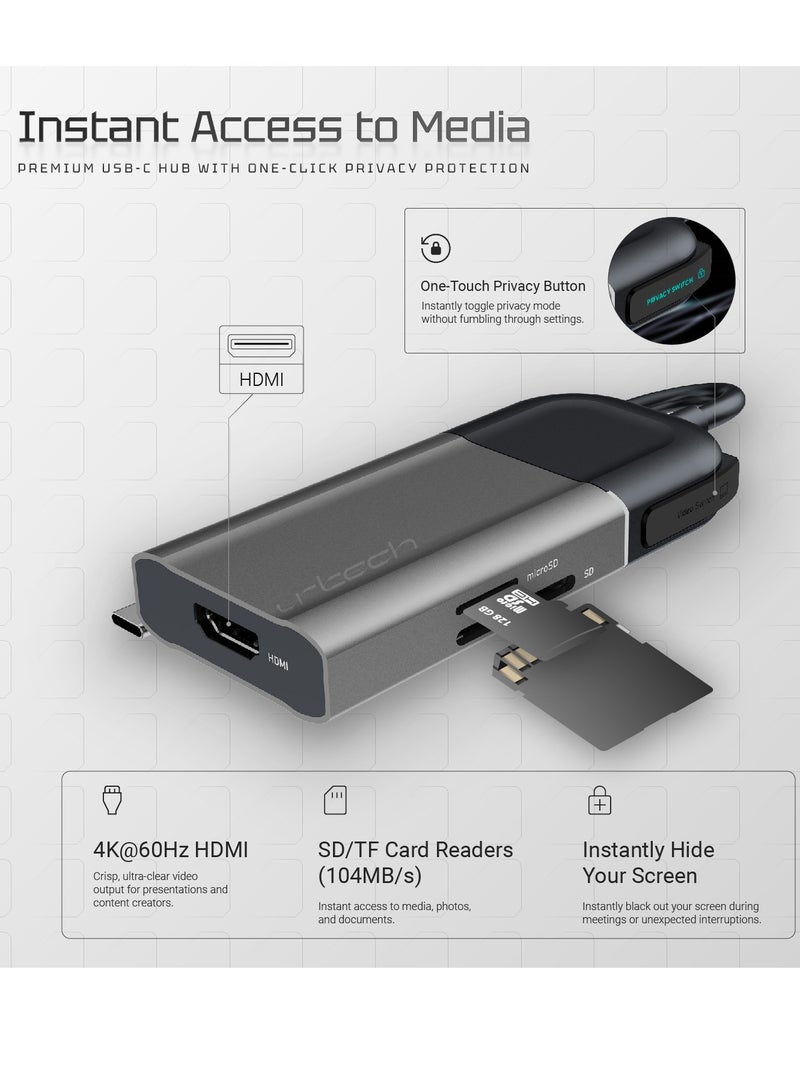 URTECH 6-in-1 USB-C Hub | Privacy Screen Protection | 4K HDMI | SD Card Reader | 100W PD | Premium Aluminum Design - Image 4