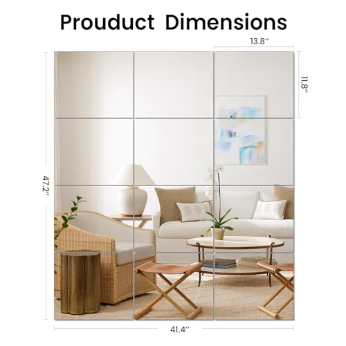 JAMBALAY Home Gym Mirrors for Gym, 12Pcs 14″×12″ Square HD Glass Full Length Wall Mirror Tiles, Self Adhesive Frameless Wall Mirror for Bedroom, Living Room, Over The Door - Image 3