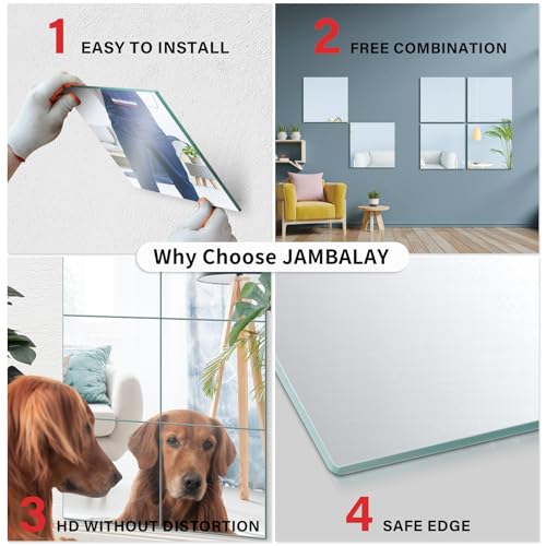 JAMBALAY Home Gym Mirrors for Gym, 12Pcs 14″×12″ Square HD Glass Full Length Wall Mirror Tiles, Self Adhesive Frameless Wall Mirror for Bedroom, Living Room, Over The Door - Image 5