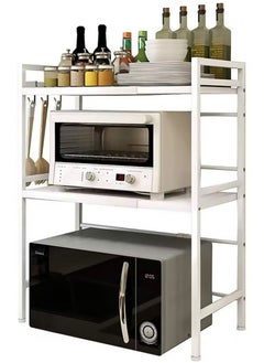 Microwave Oven Rack Expandable Storage Rack for Kitchen Utensils and Cutlery 3 Tiers with 3 Hooks White
