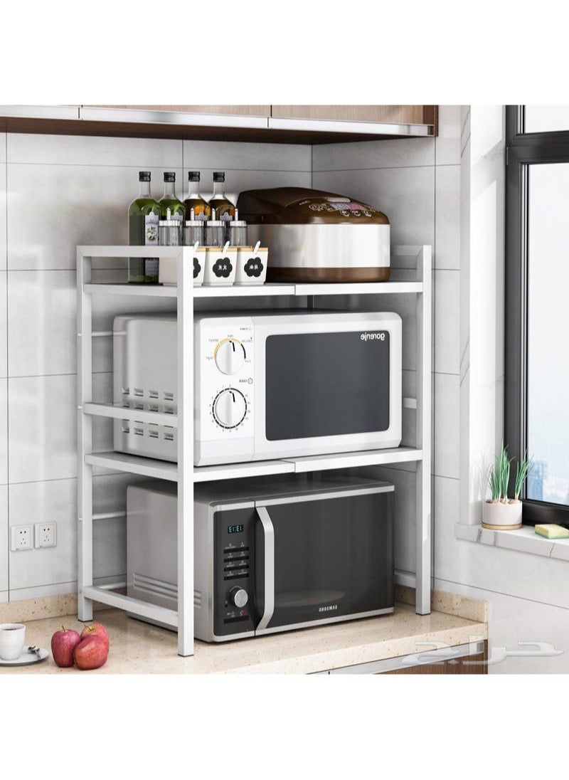 AGD - Microwave Oven Rack Expandable Storage Rack for Kitchen Utensils and Cutlery 3 Tiers with 3 Hooks White - Image 1