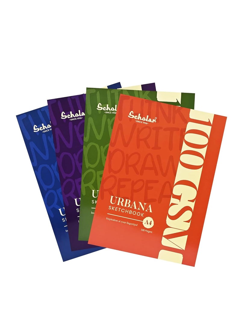 Scholar Scholar Urbana Sketchbook 100 GSM 128 Pages Natural Shade Cartridge Paper Mix Color A4 Pack of 4  - Image 1