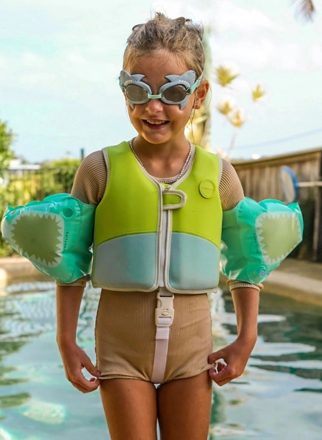 SUNNY LIFE Salty the Shark Swim Vest 3-6 Aqua Neon Yellow, Toddler Floatation Jacket, Learn-to-Swim Aid for Boys & Girls - Image 1