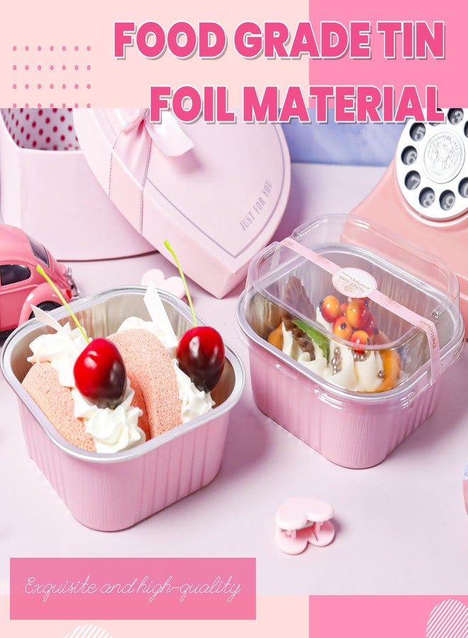 LOKQING 50 Pack Mini Cake Pans with Lids and Spoons Small Aluminum Foil Pans Square Baking Cups Disposable Ramekins Cupcake Liners for Brownie Pie (Pink, 10 oz) - Image 4