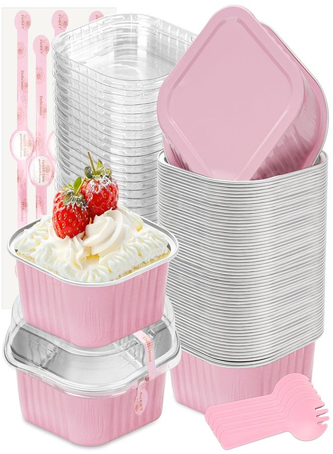 LOKQING 50 Pack Mini Cake Pans with Lids and Spoons Small Aluminum Foil Pans Square Baking Cups Disposable Ramekins Cupcake Liners for Brownie Pie (Pink, 10 oz) - Image 1