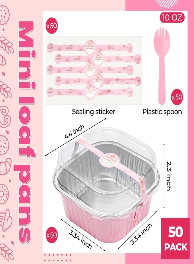 LOKQING 50 Pack Mini Cake Pans with Lids and Spoons Small Aluminum Foil Pans Square Baking Cups Disposable Ramekins Cupcake Liners for Brownie Pie (Pink, 10 oz) - Image 3