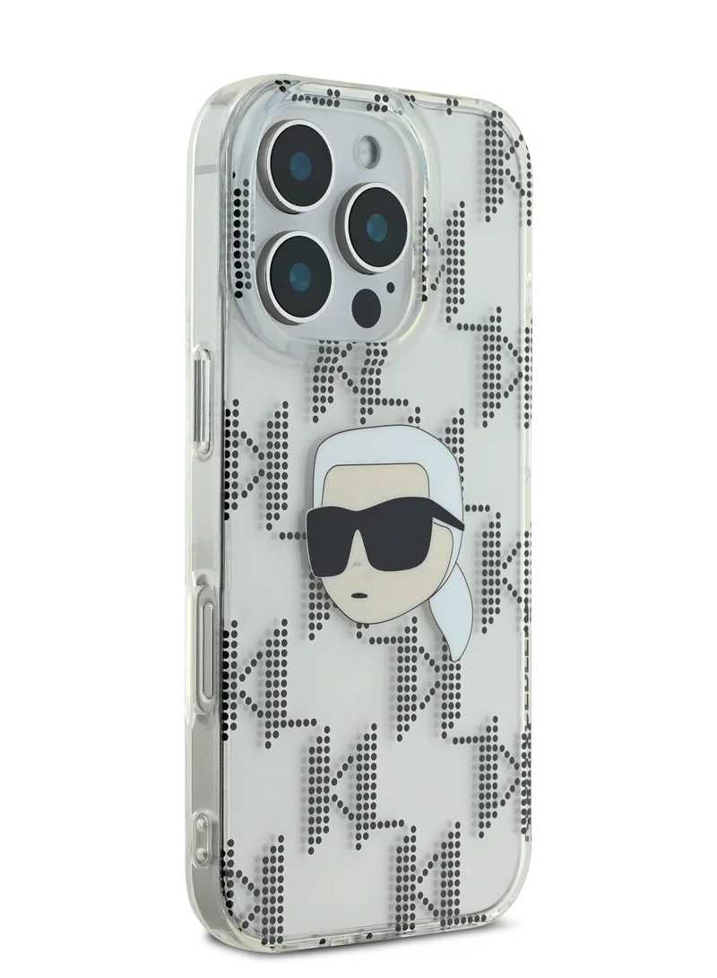 Karl Lagerfeld iPhone 16 Pro Case IML Hard Cover with Electroplated Karl Head & Monogram Design / Drop protection / Slim Profile / Easy Snap-On / Comfortable Grip-Transparent