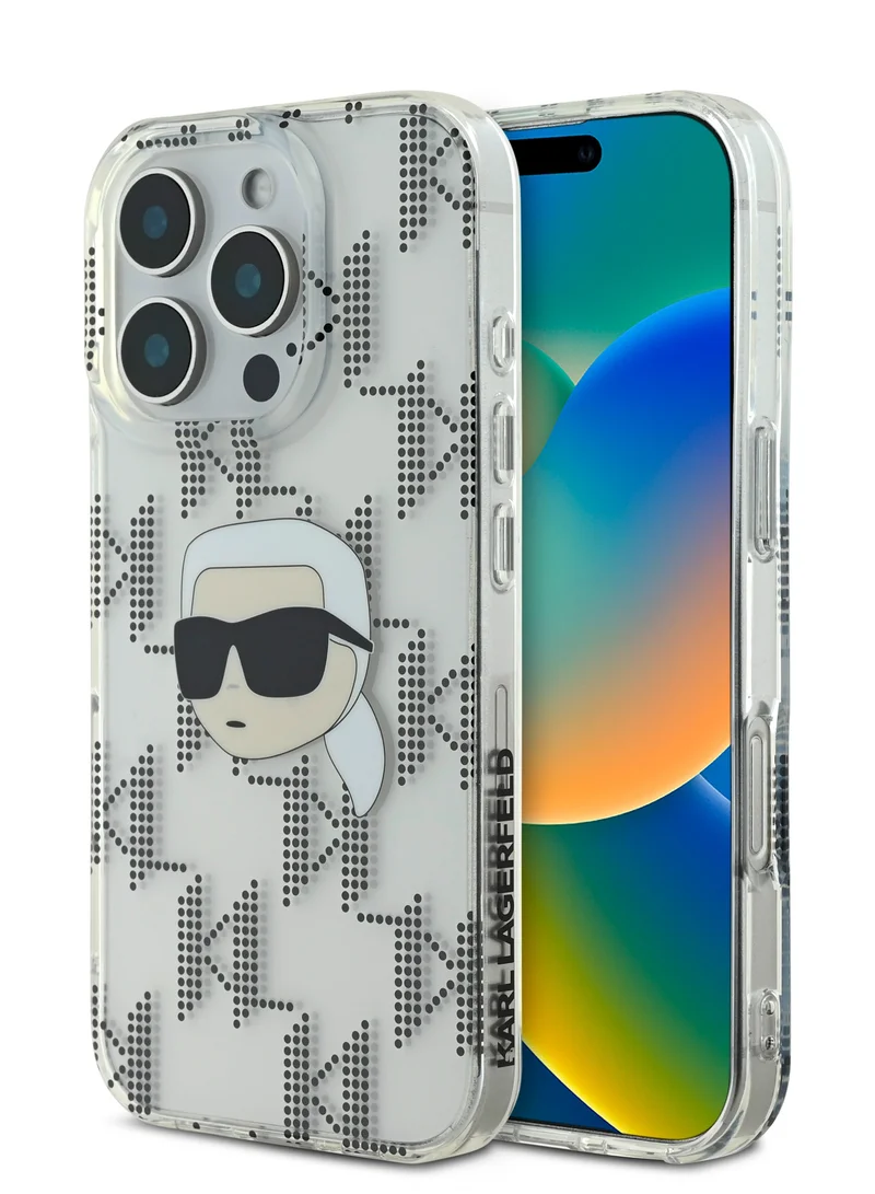 Karl Lagerfeld iPhone 16 Pro Case IML Hard Cover with Electroplated Karl Head & Monogram Design / Drop protection / Slim Profile / Easy Snap-On / Comfortable Grip-Transparent
